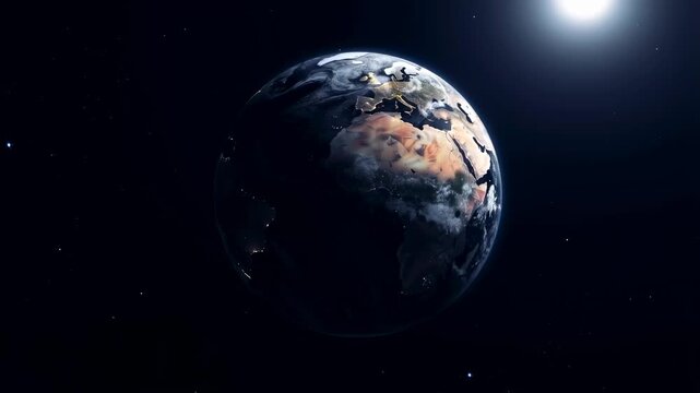 Rotating Earth in space with visible continents and sunlight illuminating the surface. A stunning representation of our planet's beauty and fragility in the universe