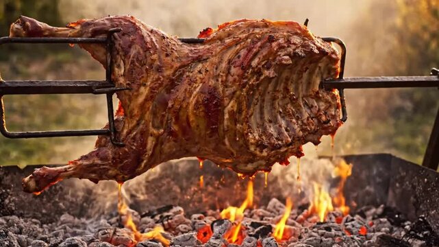 Delicious whole lamb roast on a rotating spit over hot glowing embers outdoors for a traditional barbecue feast