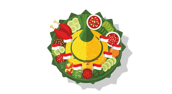An illustration of traditional Indonesian nasi tumpeng yellow rice cone served with various side dishes and national flags