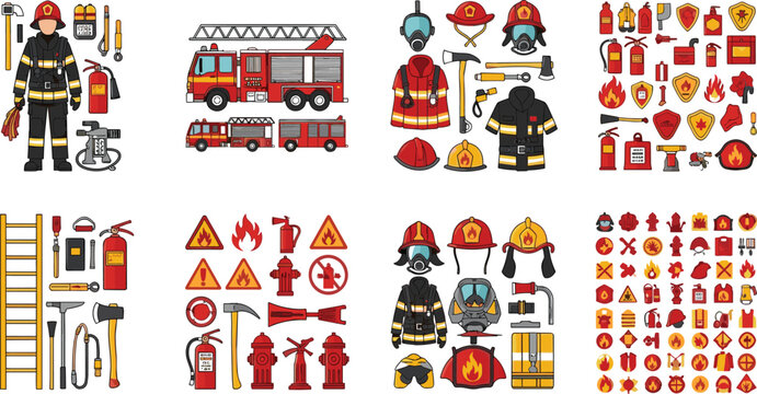 Set of 30 Firefighter and Fire Safety Vector Illustrations Featuring Fire Trucks, Firemen Gear, Fire Extinguishers, and Emergency Equipment for Safety and Emergency Services Designs