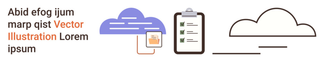 Data storage, cloud computing, digital organization, task management, information access, technology workflow. Cloud icons with clipboard and download graphics. Cloud computing and data storage © robu_s