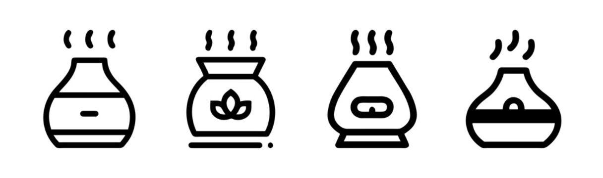 Minimalist essential oil diffuser icon set, modern aromatherapy humidifier line art, collection of 4 air purifier and vapor icons for spa and wellness