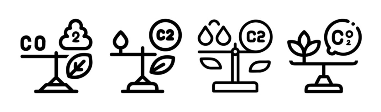 Carbon neutral icons set, CO2 balance and net zero emissions symbols, environmental sustainability line art graphics for green energy