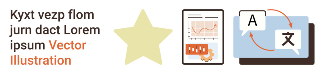 Obraz premium Data visualization, translation, education, communication, analytics, language tools. A graph on a screen and translation icons. Data visualization and translation tools concept