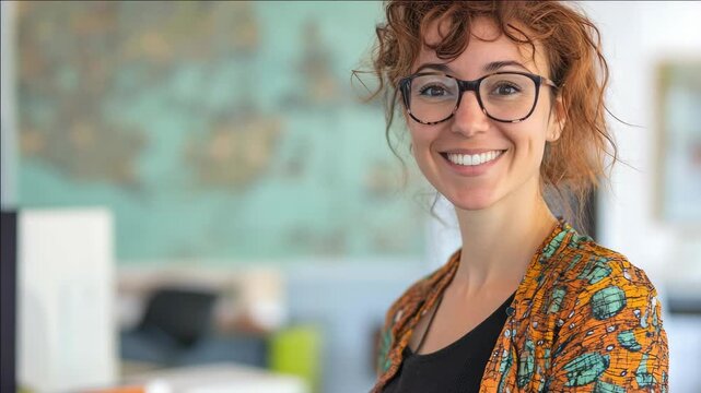 Portrait of a young woman smiling at the camera, wearing glasses and an ethnic patterned top in an office setting.
