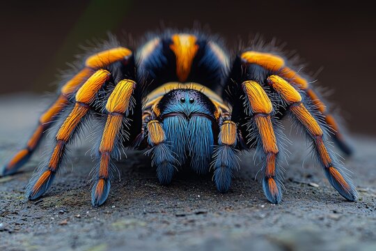 vibrant tarantula close‑up in naturalistic macro style with vivid orange, black, and blue tones on a neutral gray background