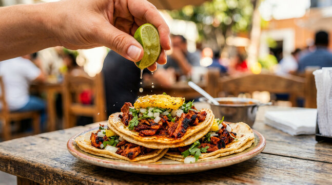 Hand squeezing fresh lime juice over al pastor tacos. Authentic Mexican street food on a rustic wooden table outdoors