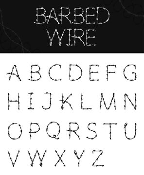 Barbed wire vector alphabet set. Complete A-Z English letter font typography made of realistic hand drawn razor wire silhouettes. Grunge design element for security, danger, prison, military concepts