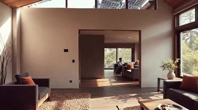 Modern living room with solar panel roof and large windows showing interior design and furniture
