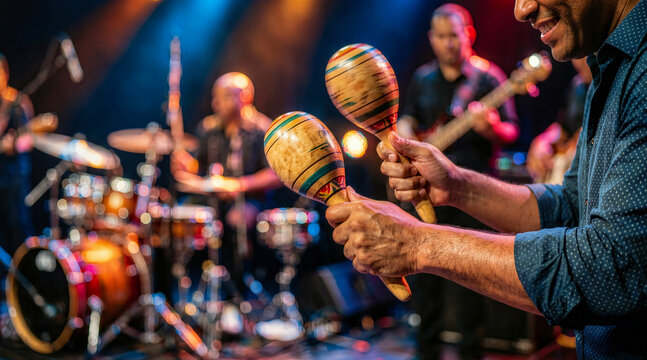 Close up of a man playing wooden maracas on stage. Live latin music band performing at a concert. Cinco de Mayo celebration