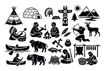 Obraz premium Native American culture collection with symbols, people hunting, fishing, drumming, cooking, and traditional dwellings like teepee and igloo