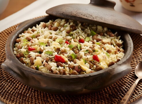 Bai&atilde;o de dois - Brazilian Traditional Food. A typical dish from northeastern Brazilian cuisine, made with rice, beans, meat, cream cheese, and biquinho peppers.