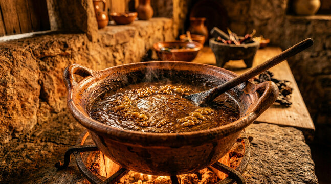 Traditional Mexican mole sauce bubbling in a rustic clay pot over a fire. Authentic culinary preparation in an old stone kitchen