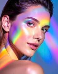 Fototapeta premium A close-up modern fashion portrait of a woman with colorful rainbow light projected across her face. The vibrant lighting creates an artistic glow highlighting skin texture
