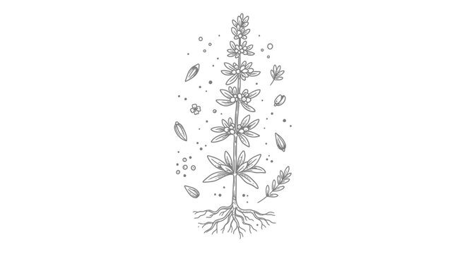 Detailed Pencil Drawing of a Flowering Plant with Roots and Falling Leaves.