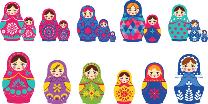 Set of 10 Colorful Matryoshka Russian Doll Vector Illustrations Featuring Intricate Floral and Geometric Patterns for Cultural and Decorative Designs