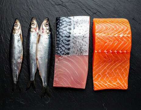 pescado azul rico en omega 3 en fondo negro, con salm&oacute;n, caballa, at&uacute;n, arenques y sardinas, concepto de nutrici&oacute;n equilibrada, dieta mediterr&aacute;nea, alimentaci&oacute;n saludable y comida sana