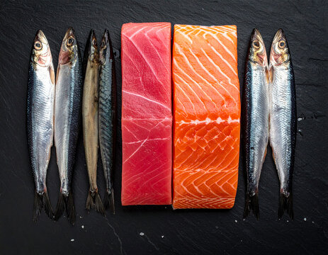 pescado azul rico en omega 3 en fondo negro, con salm&oacute;n, caballa, at&uacute;n, arenques y sardinas, concepto de nutrici&oacute;n equilibrada, dieta mediterr&aacute;nea, alimentaci&oacute;n saludable y comida sana