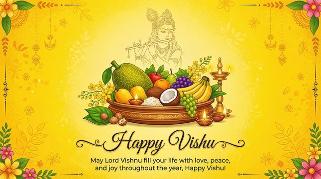 Happy Vishu greetings. April 14 Kerala festival with Vishu Kani, vishu flower Fruits and vegetables in a bronze vessel. vector illustration design