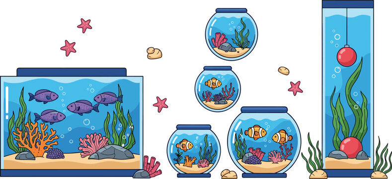 Vector Set of Fish Tanks with Colorful Fish, Coral, Starfish, and Aquatic Decorations for Aquarium, Pet, and Marine Life Designs