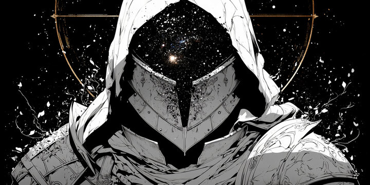Sci-fi knight with galaxy helmet, monochrome ink illustration of futuristic warrior in hood