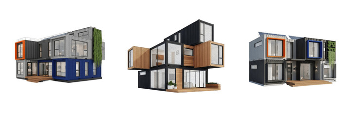 Modern sustainable modular shipping container house 3D illustrations set, contemporary eco-friendly tiny home architectural designs on white background. © Badar