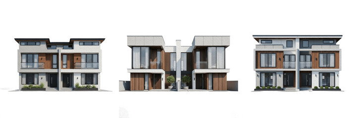 Set of luxury modern duplex houses, 3D architectural renders of contemporary twin villas with wood paneling on white background