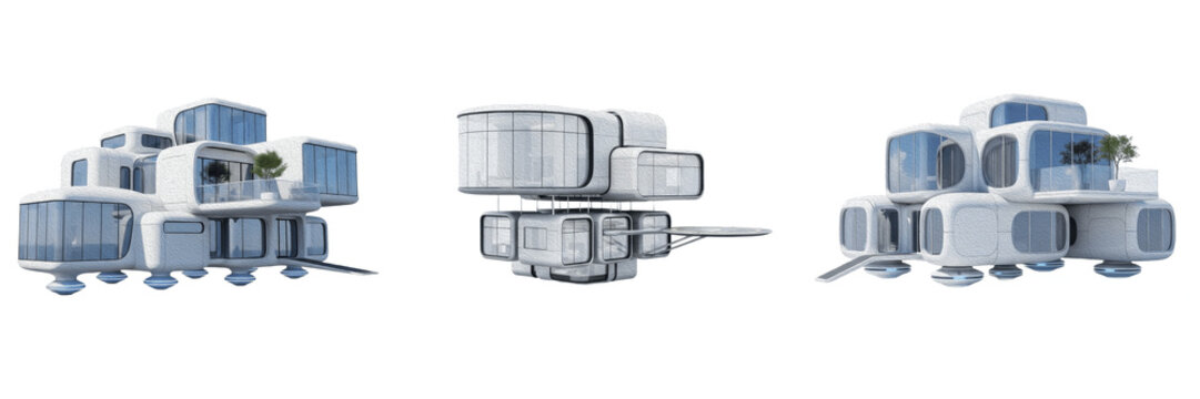 Futuristic sci-fi modular colony 3D illustrations set, contemporary alien planet habitat or space station living modules isolated on white background.