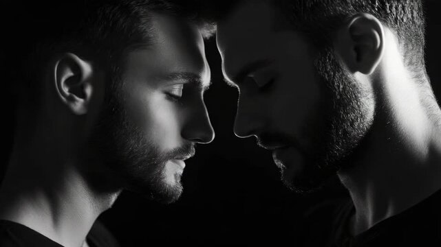 This video features the close-up reflection of two men looking at each other.