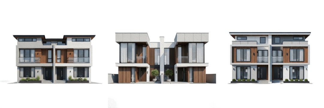 Set of luxury modern duplex houses, 3D architectural renders of contemporary twin villas with wood paneling on white background