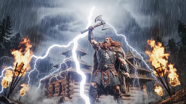 Fierce Viking warrior with red beard and fur armor triumphantly raises a double-headed axe high amid torrential rain and lightning before a burning wooden longhouse lit by torches.