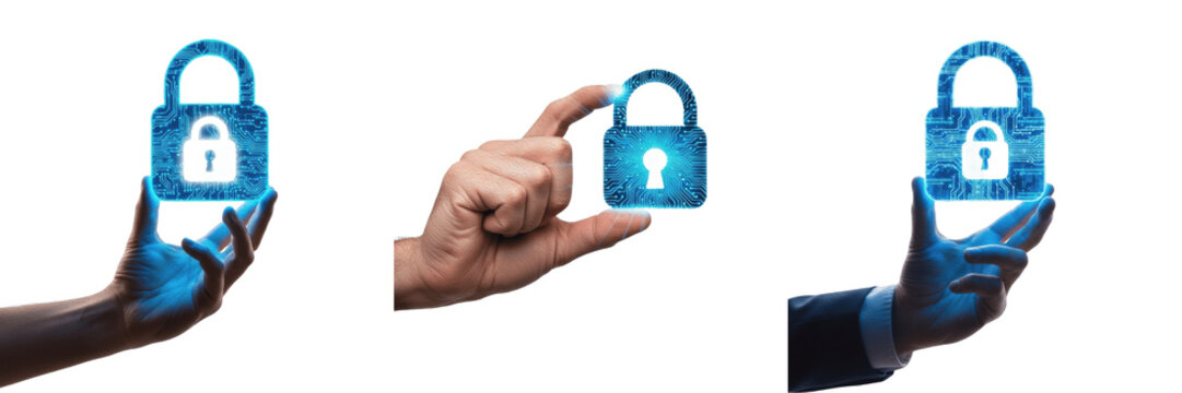Human hand holding glowing digital padlock icon, Cyber security and data protection technology concept isolated on white