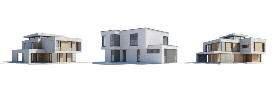 Modern minimalist villa exterior with flat roof set isolated on white background, Contemporary luxury house 3D rendering