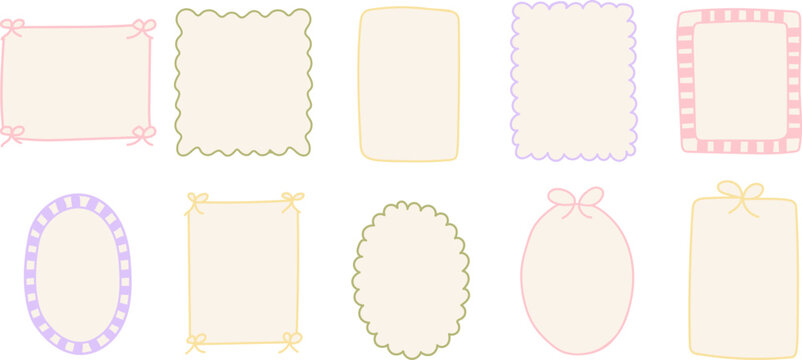 Collection of pastel decorative frames with soft beige fill and hand drawn outlines. Cute ribbon and scalloped borders isolated on transparent background for invitations, cards, branding and templates