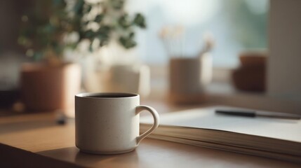 Fototapeta premium White ceramic mug with small speckles on it, sitting on a wooden desk. next to the mug, there is an open notebook with a pen resting on top.