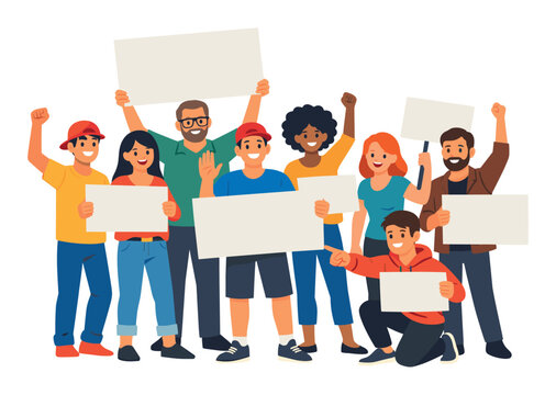 Group of diverse people standing together, holding blank signs and engaging in a protest or demonstration for social change