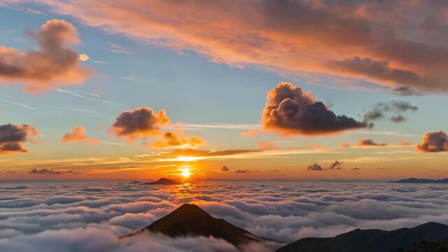 Sunrise over the sea of clouds, a magnificent mountain and river