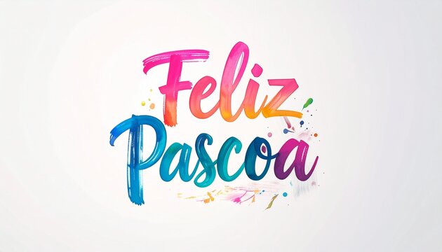 Happy Easter greeting in Portuguese, 'Feliz Pascoa', written in vibrant watercolor calligraphy. Colorful lettering with paint splatters, isolated on a clean white background for holiday designs.