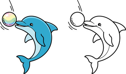 Cute Cartoon Dolphin Playing with Colorful Ball Illustration Color and Black and White Line Art Version for Kids Coloring Page Activities and Educational Materials © Mehrab