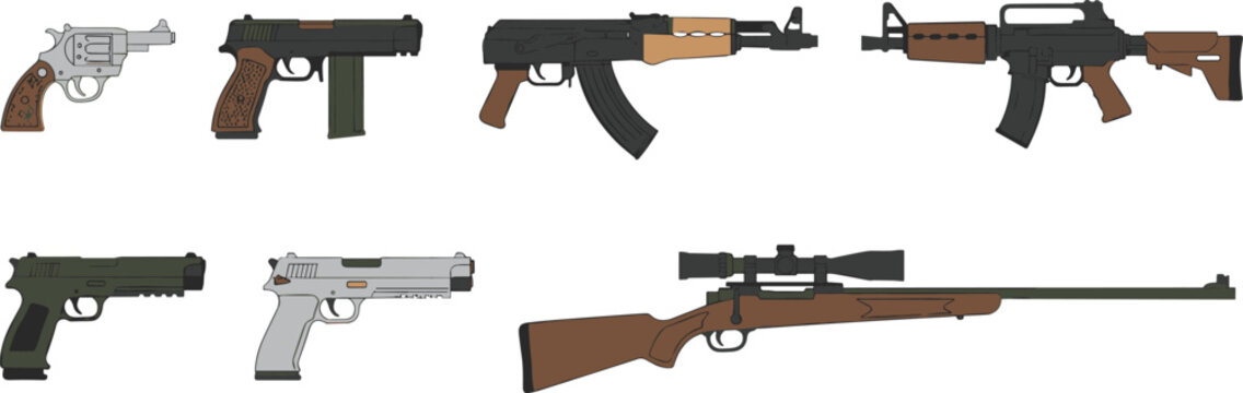 Cartoon firearms in colorful vector illustration of revolver, pistol, rifle, assault weapon, and military design