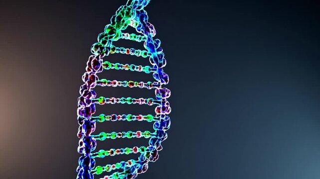 Colorful dna double helix rotating slowly, highresolution closeup showing neon nucleotide pairs and translucent backbone against dark gradient background cinematic lighting evokes futuristic research,