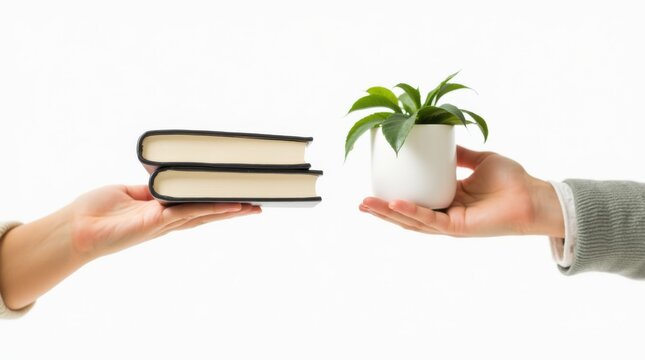 Close-up of two pairs of hands simultaneously passing different items to each other &mdash; one holding a book, other holding a potted plant &mdash; isolated on white background, barter concept

