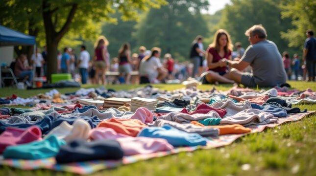 Community swap meet event outdoors, people browsing tables with clothes, books, kitchenware and toys laid out on picnic blankets in park, sunny day, wide-angle candid shot

