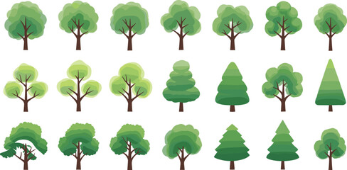 Green tree collection with different deciduous and coniferous forest species, vector illustration set of natural landscape elements isolated on white background © Lipi
