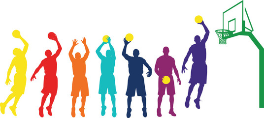 Colorful basketball player silhouettes performing various action poses including dunking shooting and dribbling near a hoop for sports competition and athletic training vector illustration © MDMizanur