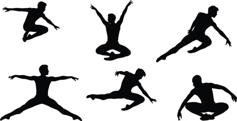 Obraz premium Male ballet dancer black silhouettes set featuring athletic man performing dynamic jumps leaps and graceful dance poses isolated on white background for arts