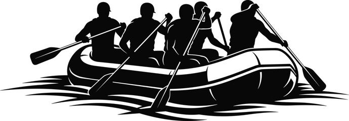 Team of athletes in rubber boat white water rafting black silhouette set featuring men rowing with paddles in river waves isolated on white background © MDMizanur