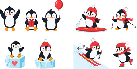 Cute penguin collection with winter activities and holiday poses, cartoon arctic animal illustration set isolated on white background for kids and festive design © Lipi