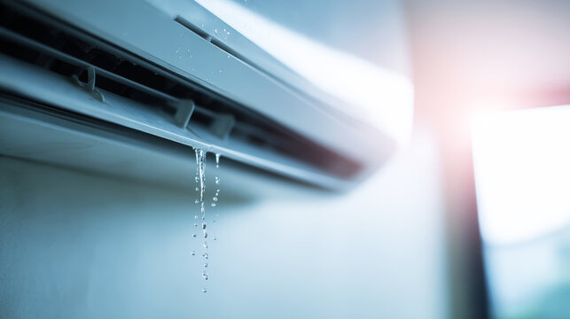 Air conditioning system leaking water drops indoors, indicating a breakdown or defect requiring maintenance and emergency service