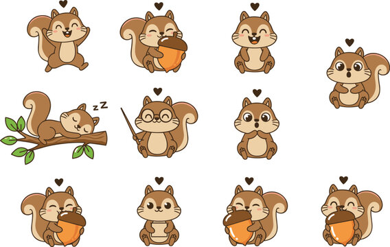 Cartoon squirrels in colorful vector illustration of cute poses, acorns, playful characters, and woodland animal design
